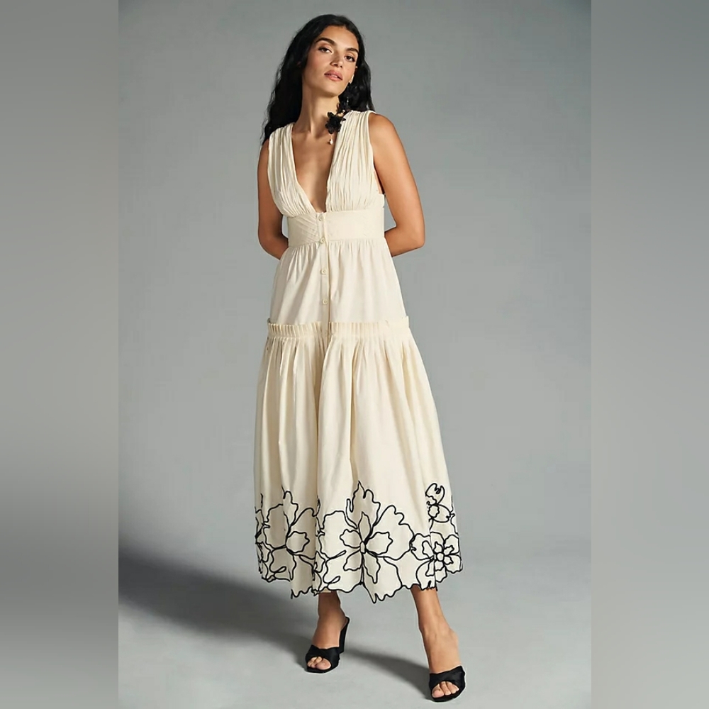NWT Anthropologie Forever That Girl Tiered Deep V Cream Embroidered Dress Sz XS